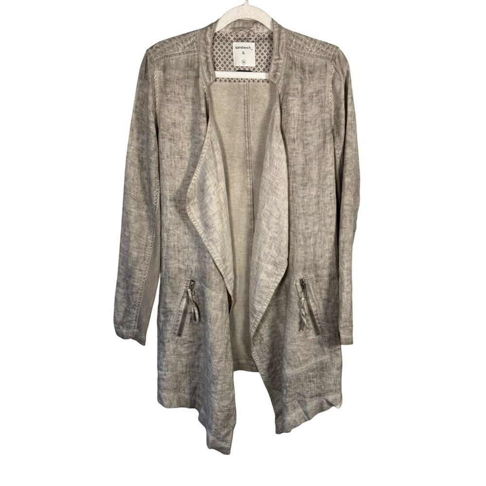 Sandwich Gray Open Front Linen Jacket Zipper Pockets Size 36 Minimalist Boho